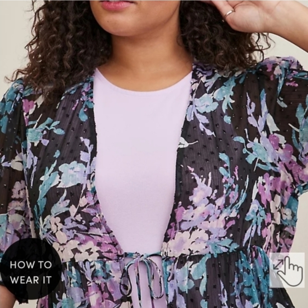 Torrid Ruffle Kimono Chiffon Clip Dot Floral Black Top 3X - Picture 7 of 16